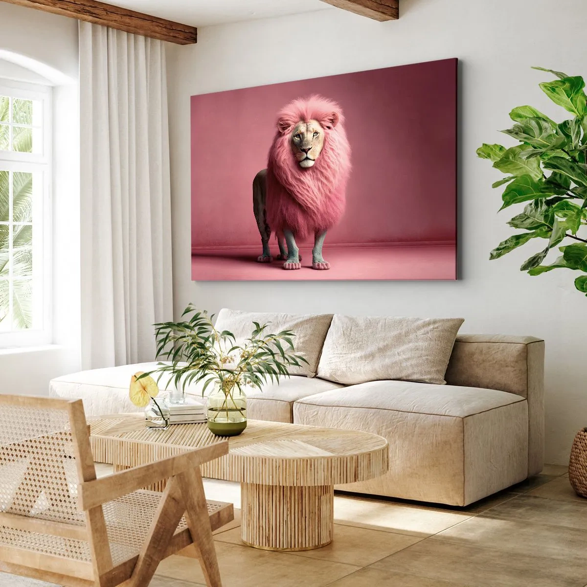 Impression sur toile - Image sur toile - Un lion rendu artistiquement avec une crinière rose sur un fond rose - 120x80cm - Et tu n'as plus peur - Décoration murale moderne pour le salon et la chambre ARTTOR