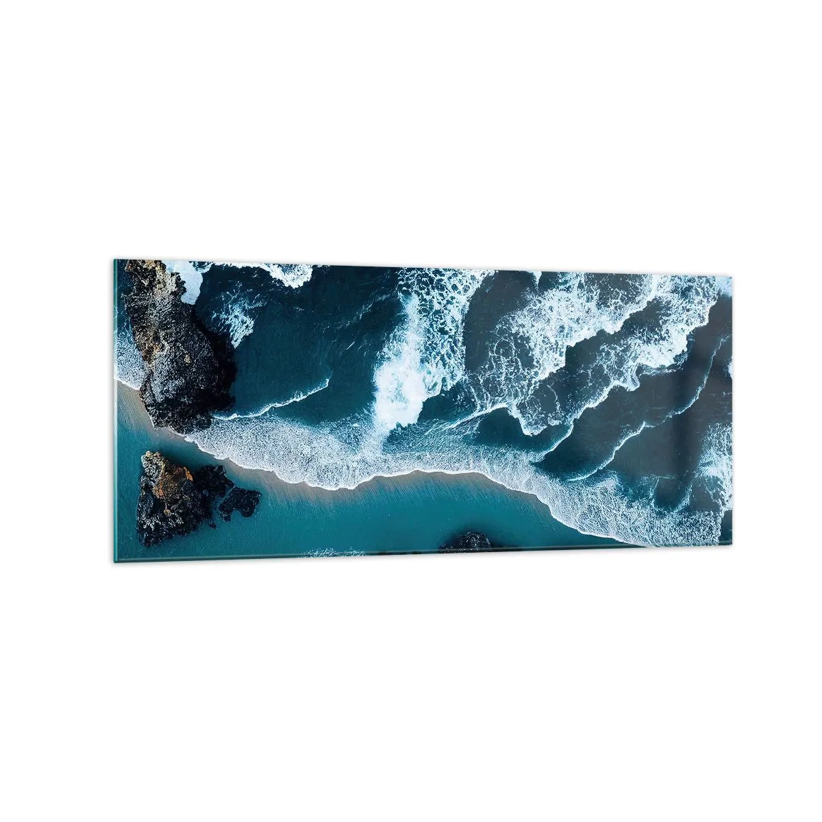 Impression sur verre - Image sur verre - Vue aérienne des vagues s'écrasant sur le rivage - 120x50cm - Enveloppé par les vagues - Décoration murale moderne pour le salon et la chambre ARTTOR