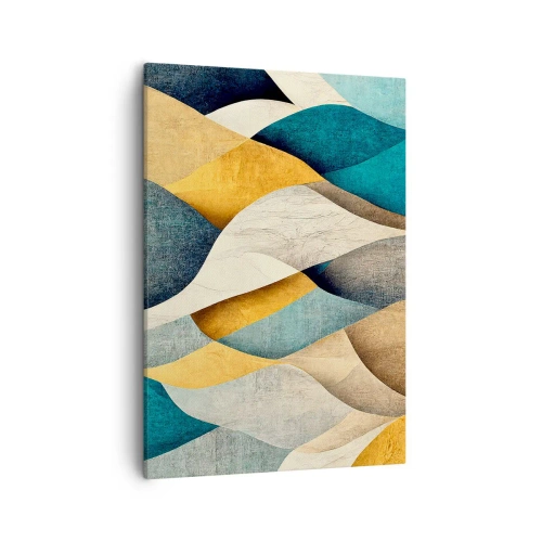 Impression sur toile - Image sur toile - Vagues abstraites dans des tons de bleu et d'or - 50x70cm - Rythme et vague - Décoration murale moderne pour le salon et la chambre ARTTOR