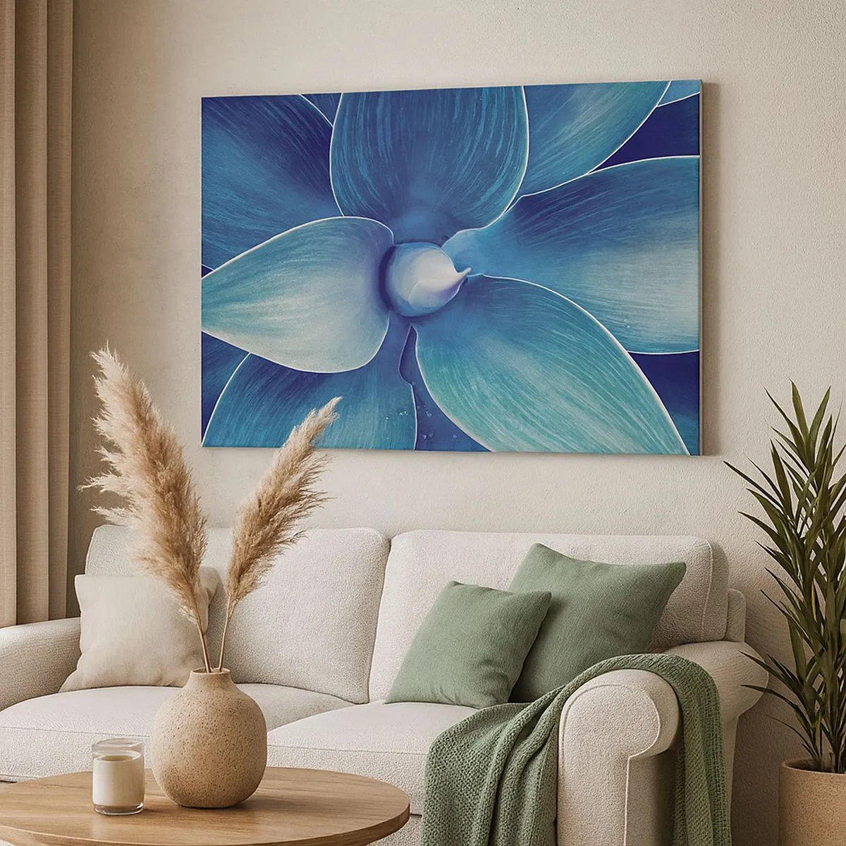 Impression sur toile - Image sur toile - Gros plan d'une fleur abstraite dans des tons de bleu - 70x50cm - Le bleu du ciel - Décoration murale moderne pour le salon et la chambre ARTTOR