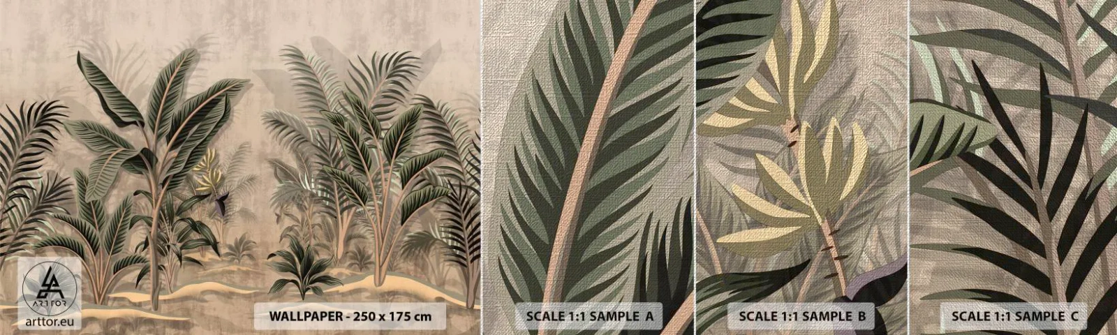 Échantillon de Papier Peint Premium Canvas - Une gravure de style colonial - Forêt tropicale, Cocotier, Bananier - 100x30 cm