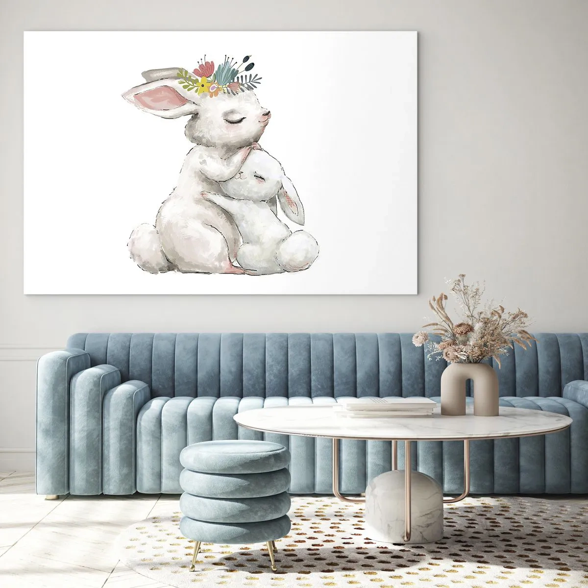 Impression sur verre - Image sur verre - Deux lapins câlins aux couleurs pastel - 100x70cm - Maman irremplaçable - Décoration murale moderne pour le salon et la chambre ARTTOR