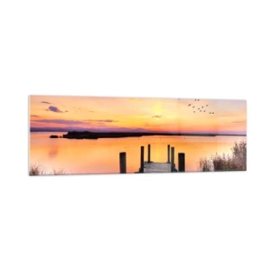 Impression sur verre - Image sur verre - Une jetée sur un lac au coucher du soleil avec des oiseaux dans le ciel - 160x50cm - Aube silencieuse violette - Décoration murale moderne pour le salon et la chambre ARTTOR