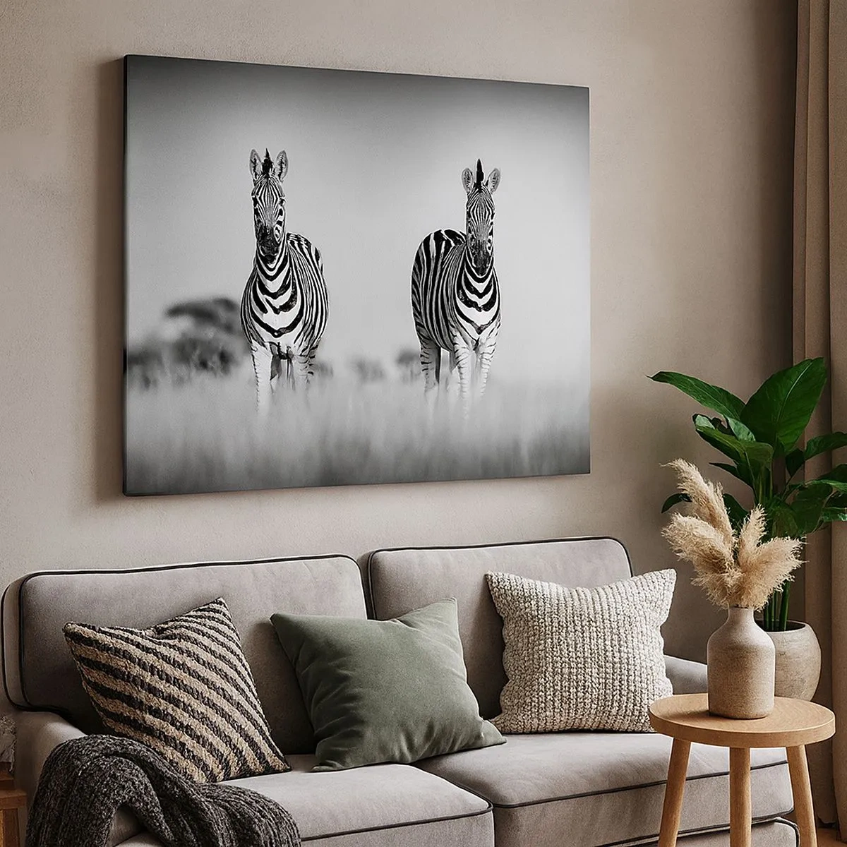 Impression sur toile - Image sur toile - Deux zèbres dans la savane dans un style monochrome - 70x50cm - Le monde est bel et bien noir et blanc - Décoration murale moderne pour le salon et la chambre ARTTOR