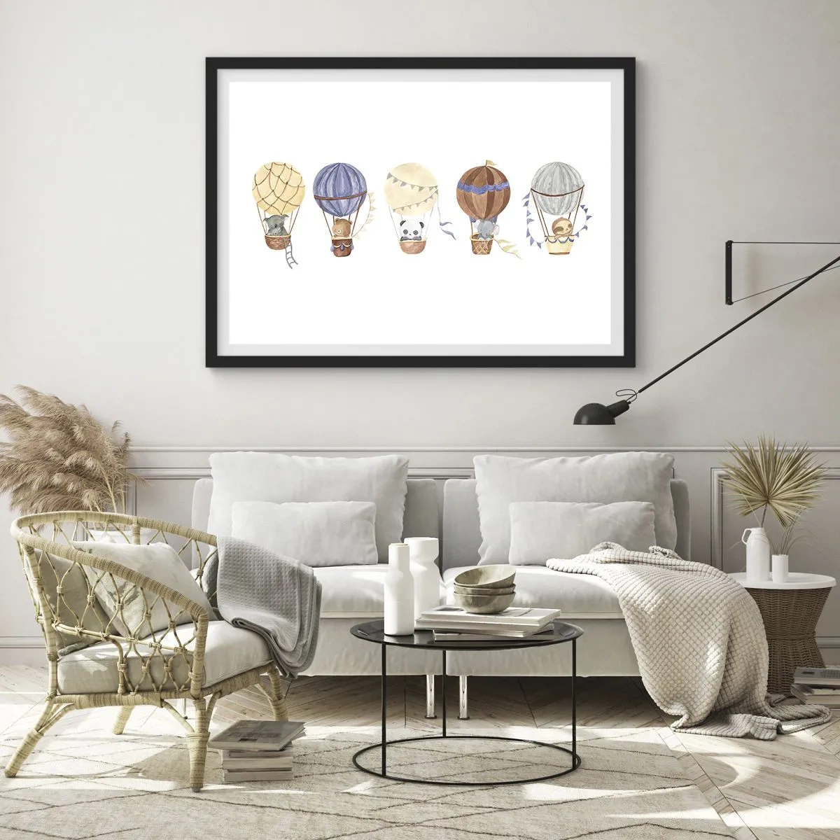 Affiche dans un cadre noir - Poster - Animaux mignons dans des ballons sur fond blanc - 100x70cm - Compagnons de voyage - Décoration murale moderne pour le salon et la chambre ARTTOR