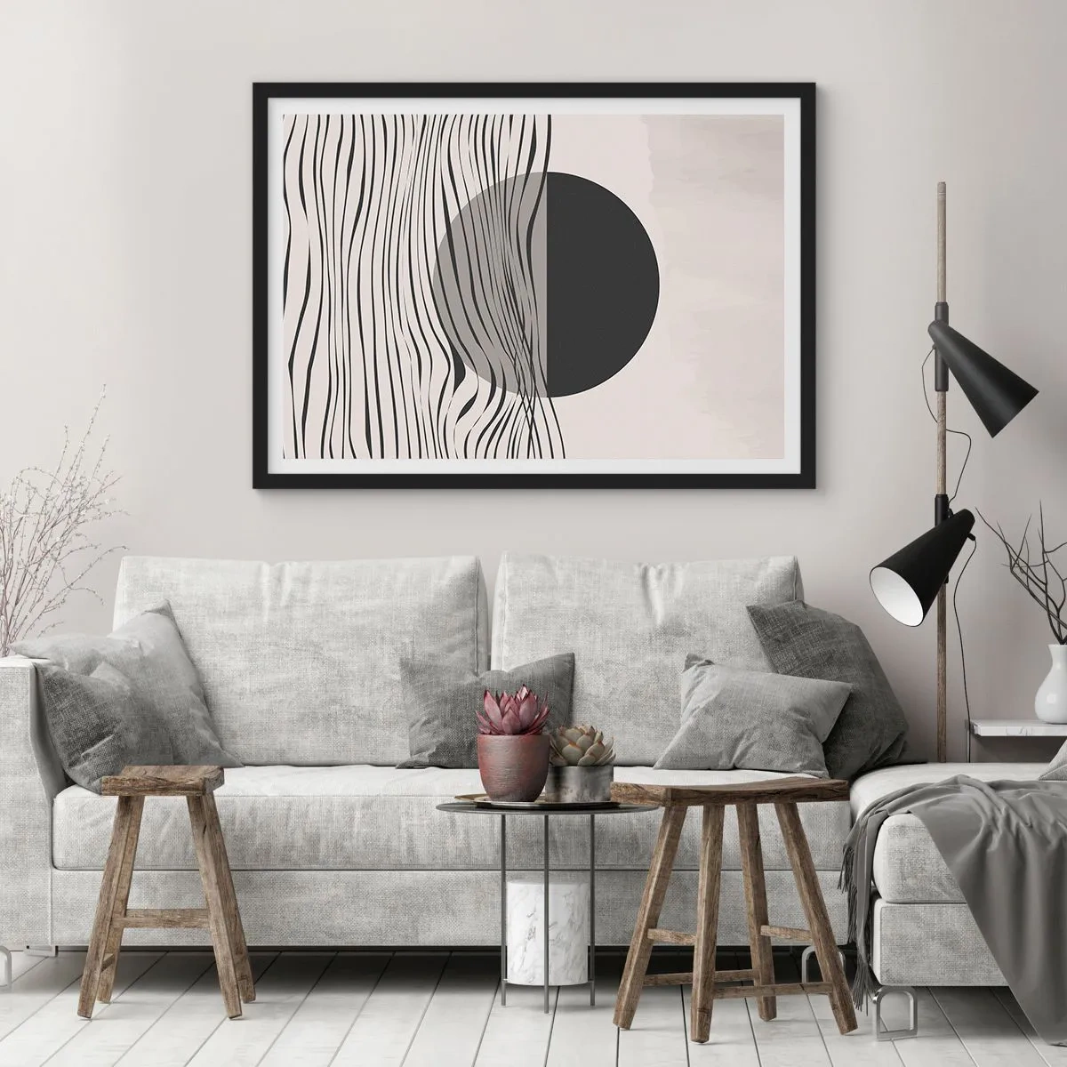 Affiche dans un cadre noir - Poster - Lignes abstraites et formes géométriques aux couleurs douces - 70x50cm - Demi composition - Décoration murale moderne pour le salon et la chambre ARTTOR