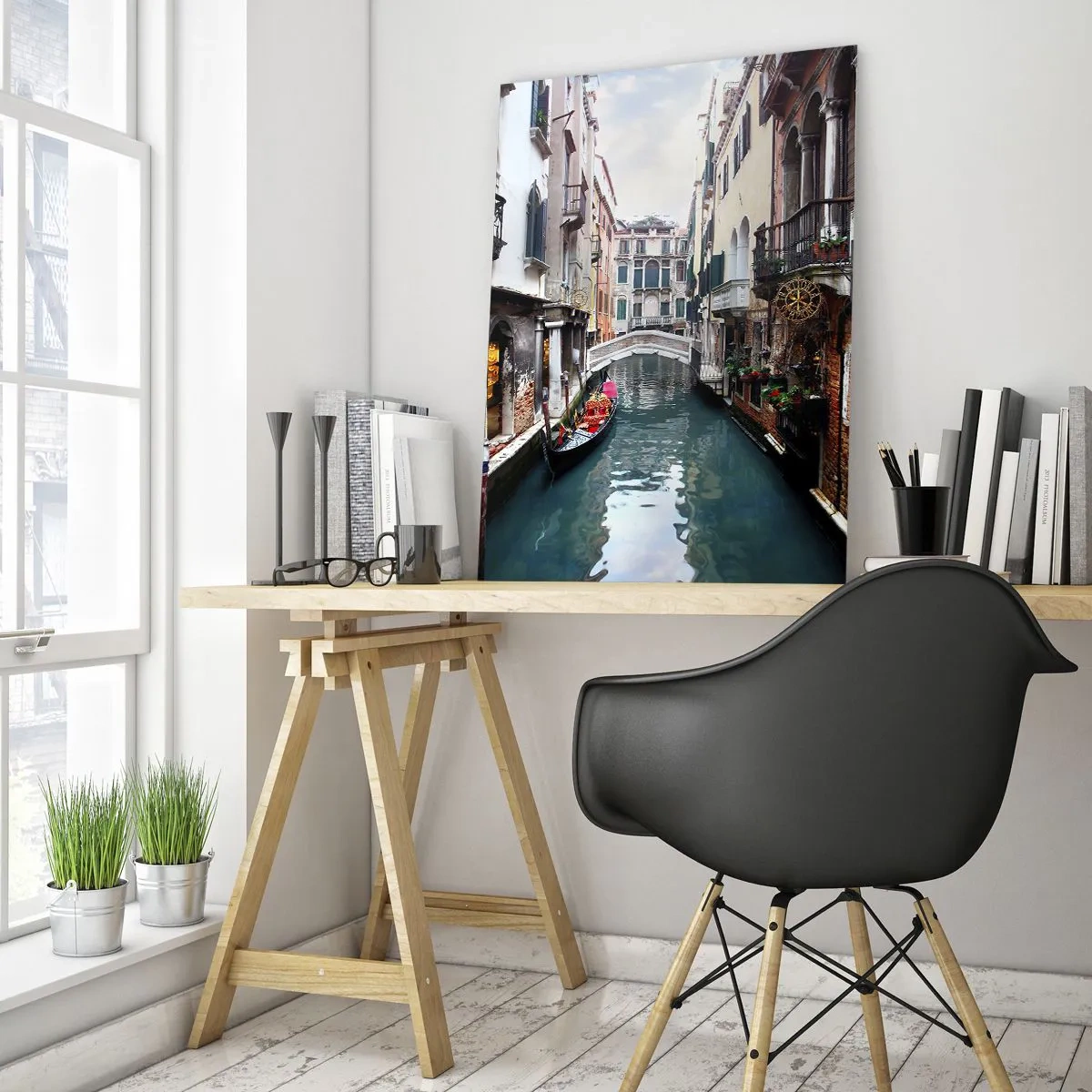 Impression sur verre - Image sur verre - Un canal à Venise avec une gondole et des bâtiments historiques - 80x120cm - Paysage vénitien avec une gondole et un pont - Décoration murale moderne pour le salon et la chambre ARTTOR