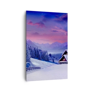 Impression sur toile - Image sur toile - Paysage d'hiver avec chalets de montagne au coucher du soleil - 80x120cm - Douce nuit - Décoration murale moderne pour le salon et la chambre ARTTOR