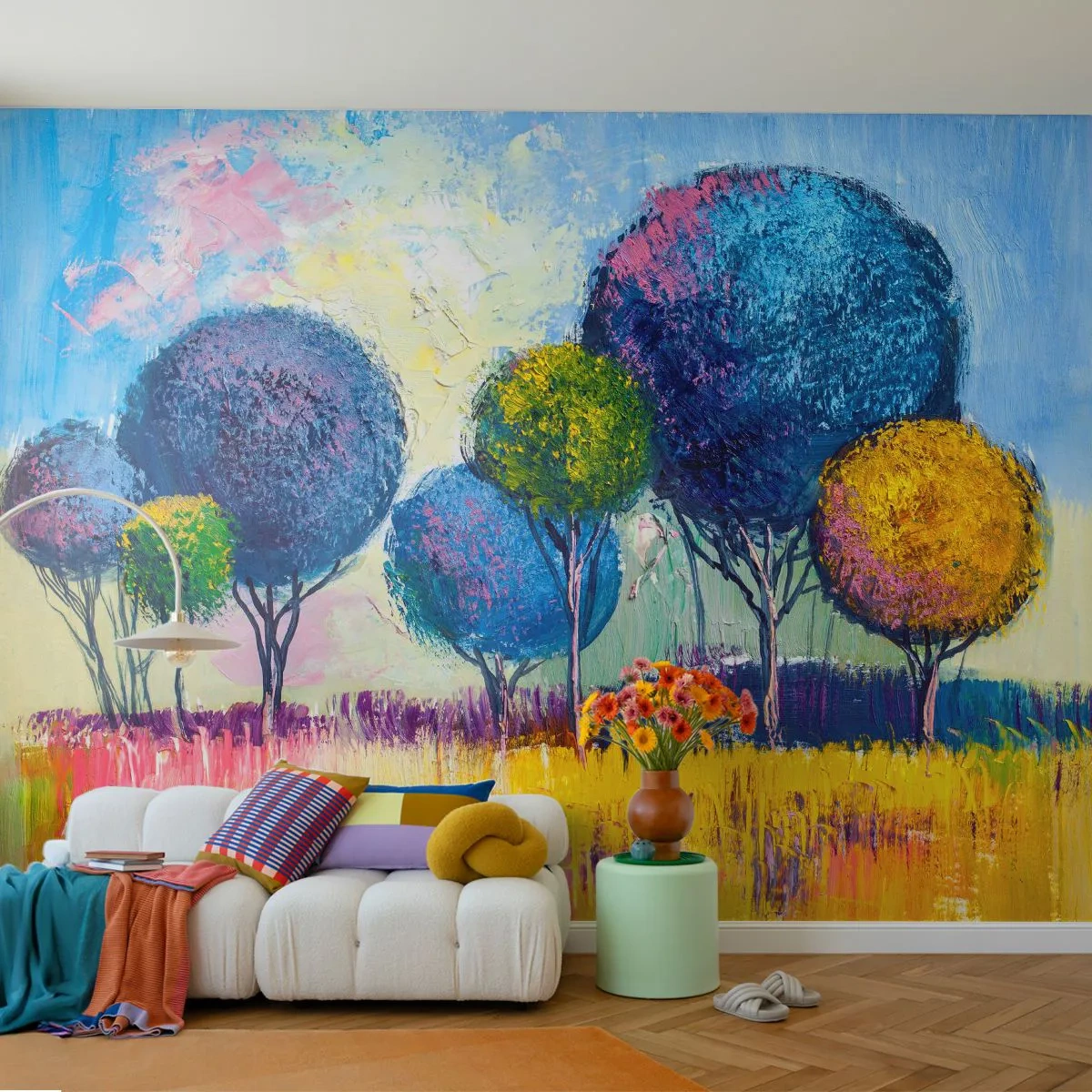 Papier Peint Photo Premium Sand - Arbres abstraits colorés contre un ciel lumineux - 100x70cm - Sphère - la forme idéale - Décoration murale moderne pour le salon et la chambre ARTTOR