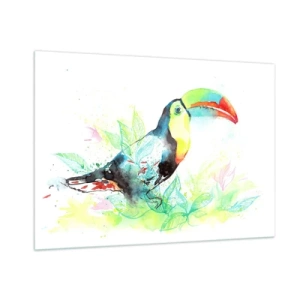 Impression sur verre - Image sur verre - Un toucan coloré dans un paysage aquarelle avec des feuilles - 100x70cm - Aussi coloré que l'Amérique du Sud - Décoration murale moderne pour le salon et la chambre ARTTOR