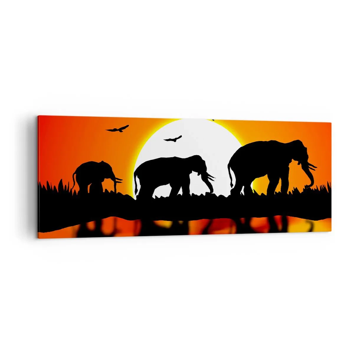 Impression sur toile - Image sur toile - Silhouettes d'éléphants au coucher du soleil sur l'eau avec reflet - 140x50cm - Et le soir pour un petit verre - Décoration murale moderne pour le salon et la chambre ARTTOR