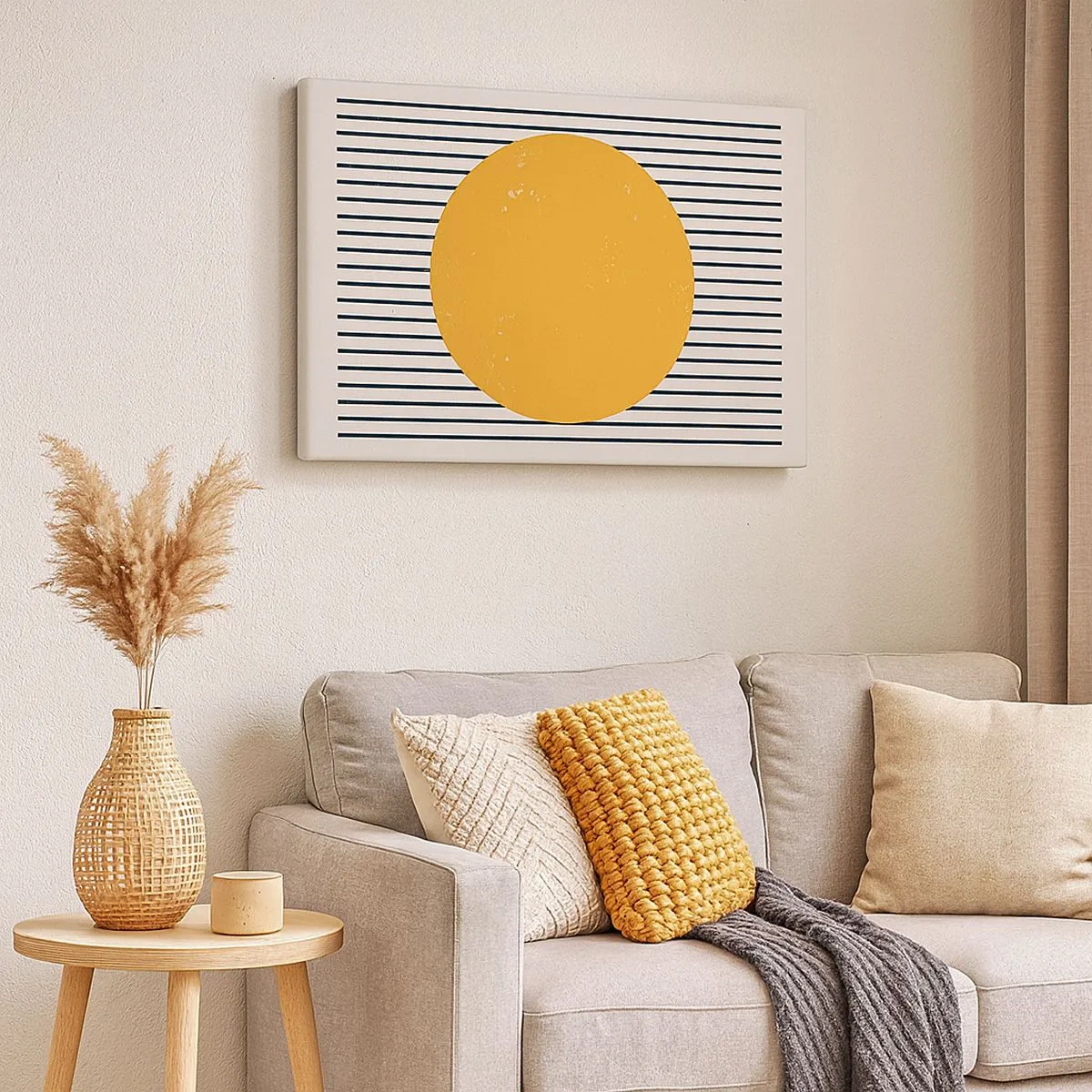 Impression sur toile - Image sur toile - Un cercle jaune sur un fond de lignes horizontales noires et blanches - 70x50cm - Le pouvoir de la simplicité - Décoration murale moderne pour le salon et la chambre ARTTOR
