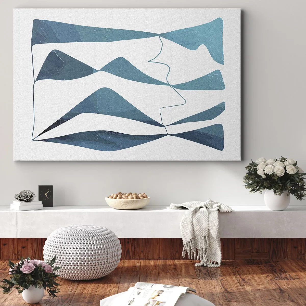 Impression sur toile - Image sur toile - Formes abstraites dans des tons de bleu sur fond blanc - 100x70cm - Abstraction : composé turquoise - Décoration murale moderne pour le salon et la chambre ARTTOR