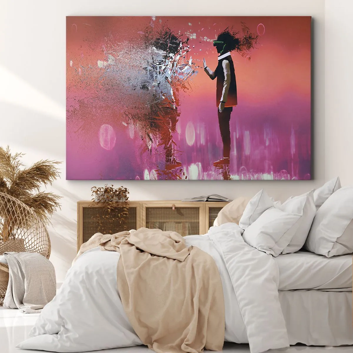 Impression sur toile - Image sur toile - Une scène abstraite avec une figure futuriste et des éléments dispersés. - 120x80cm - Pouvez-vous regarder à l'intérieur de vous-même ? - Décoration murale moderne pour le salon et la chambre ARTTOR