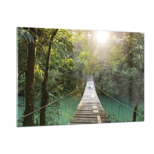 Impression sur verre - Image sur verre - Un pont suspendu dans une forêt tropicale illuminée par la lumière du soleil. - 120x80cm - De l'eau azur à la forêt azur - Décoration murale moderne pour le salon et la chambre ARTTOR