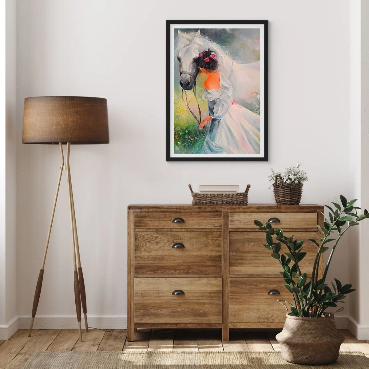 Affiche dans un cadre noir - Poster - Une femme avec un cheval blanc dans un style pictural - 50x70cm - Comme dans un beau rêve - Décoration murale moderne pour le salon et la chambre ARTTOR