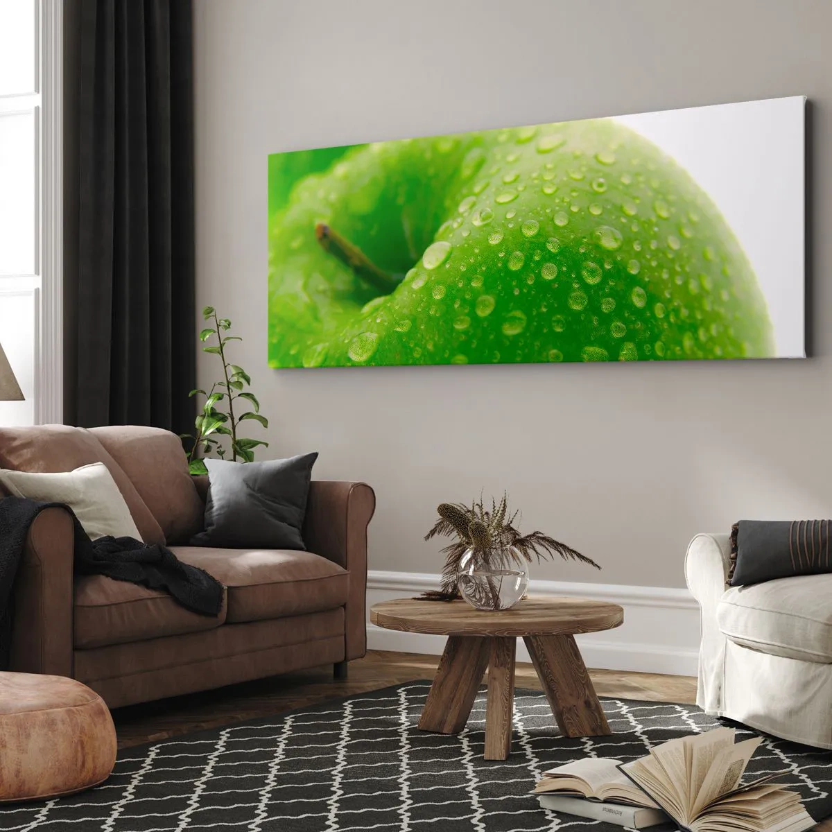 Impression sur toile - Image sur toile - Gros plan d'une pomme verte avec des gouttes d'eau - 140x50cm - Fraîcheur de verdure fraîche - Décoration murale moderne pour le salon et la chambre ARTTOR