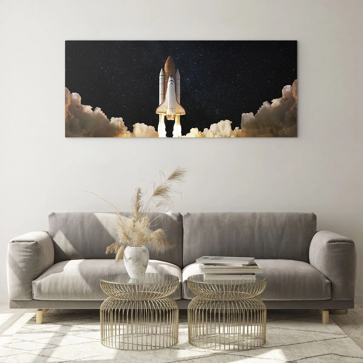 Impression sur verre - Image sur verre - Une fusée spatiale décollant dans le ciel étoilé - 160x50cm - Ad astra! - Décoration murale moderne pour le salon et la chambre ARTTOR