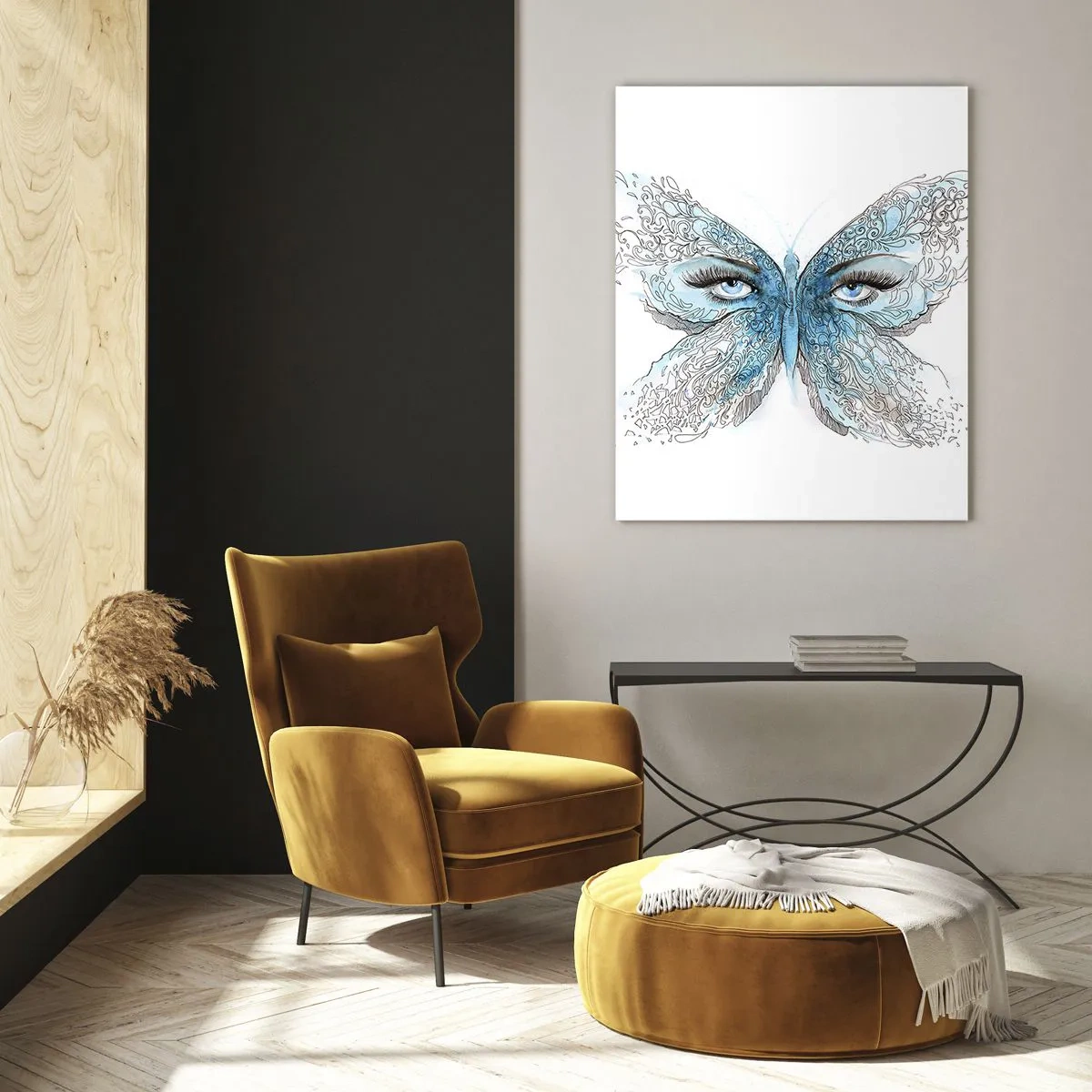 Impression sur verre - Image sur verre - Un papillon aux ailes bleues et aux yeux humains dans un style artistique. - 50x70cm - Mésange bleue Eros - Décoration murale moderne pour le salon et la chambre ARTTOR