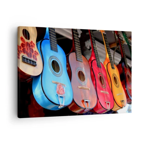 Impression sur toile - Image sur toile - Des guitares acoustiques colorées sont accrochées en rangée dans une exposition - 70x50cm - Ambiance latine - Décoration murale moderne pour le salon et la chambre ARTTOR