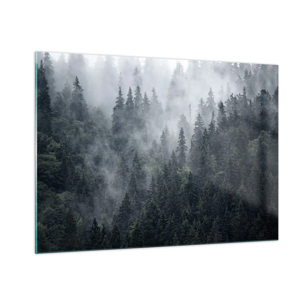 Impression sur verre - Image sur verre - Brouillard suspendu au-dessus de la dense forêt de conifères le matin - 100x70cm - Aube de la forêt - Décoration murale moderne pour le salon et la chambre ARTTOR