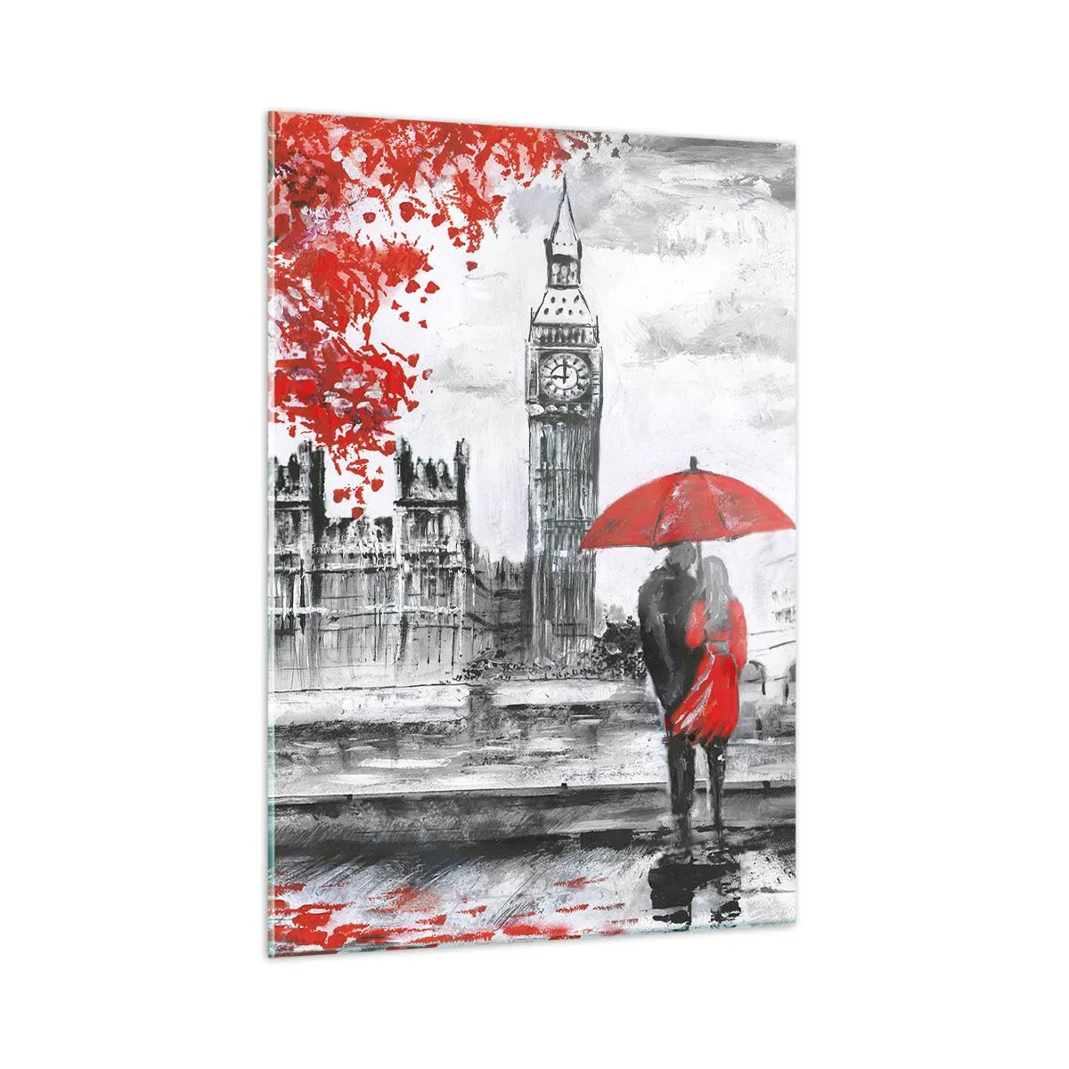 Impression sur verre - Image sur verre - Un couple sous un parapluie rouge avec Big Ben et des arbres d'automne en arrière-plan. - 50x70cm - Amoureux de Londres - Décoration murale moderne pour le salon et la chambre ARTTOR