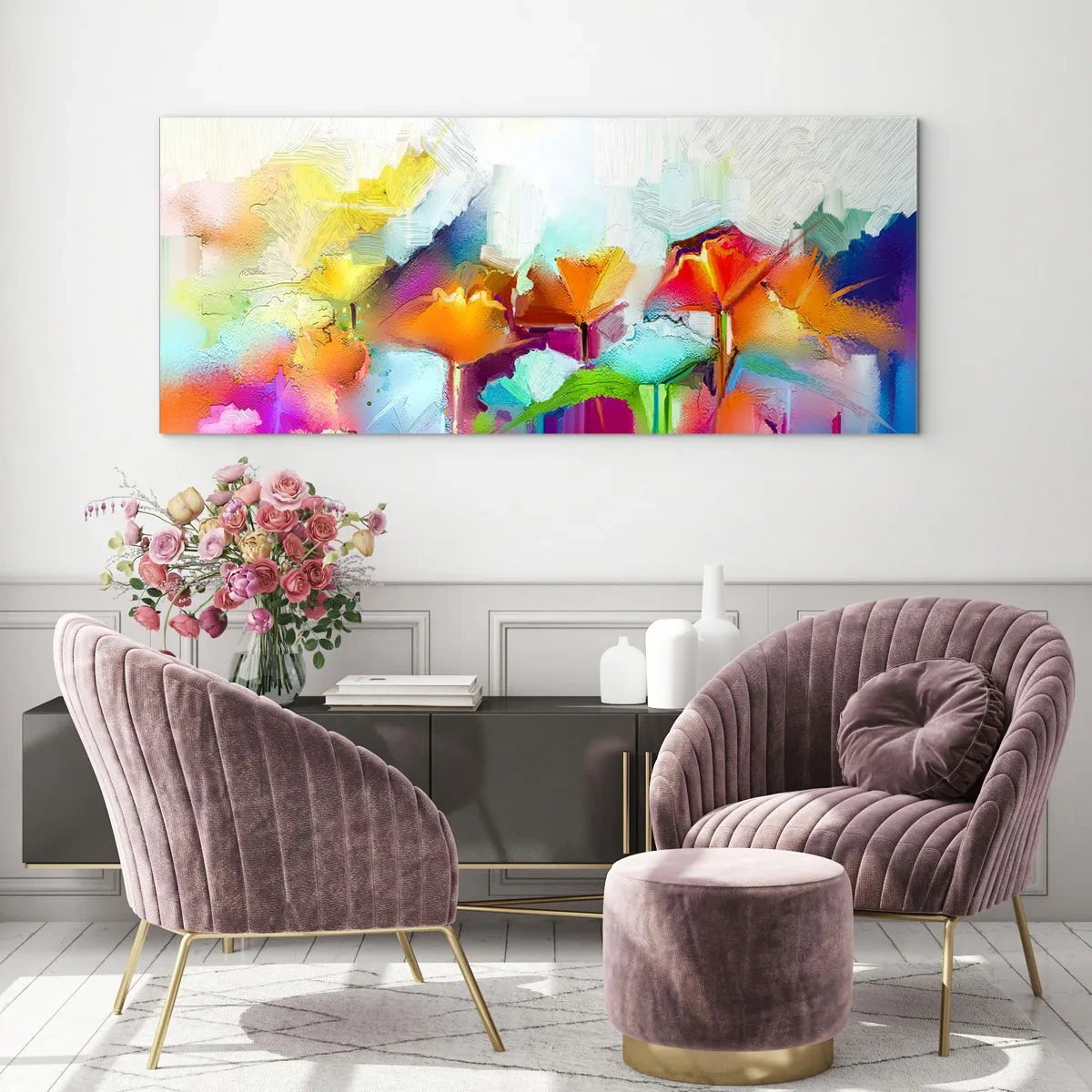 Impression sur verre - Image sur verre - Fleurs colorées abstraites sur fond clair - 120x50cm - L'arc-en-ciel s'est épanoui - Décoration murale moderne pour le salon et la chambre ARTTOR
