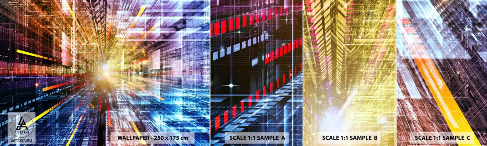 Échantillon de Papier Peint Autocollant Deluxe Sticker - Couloir lumineux - Abstraction, Graphique, 3D - 100x30 cm