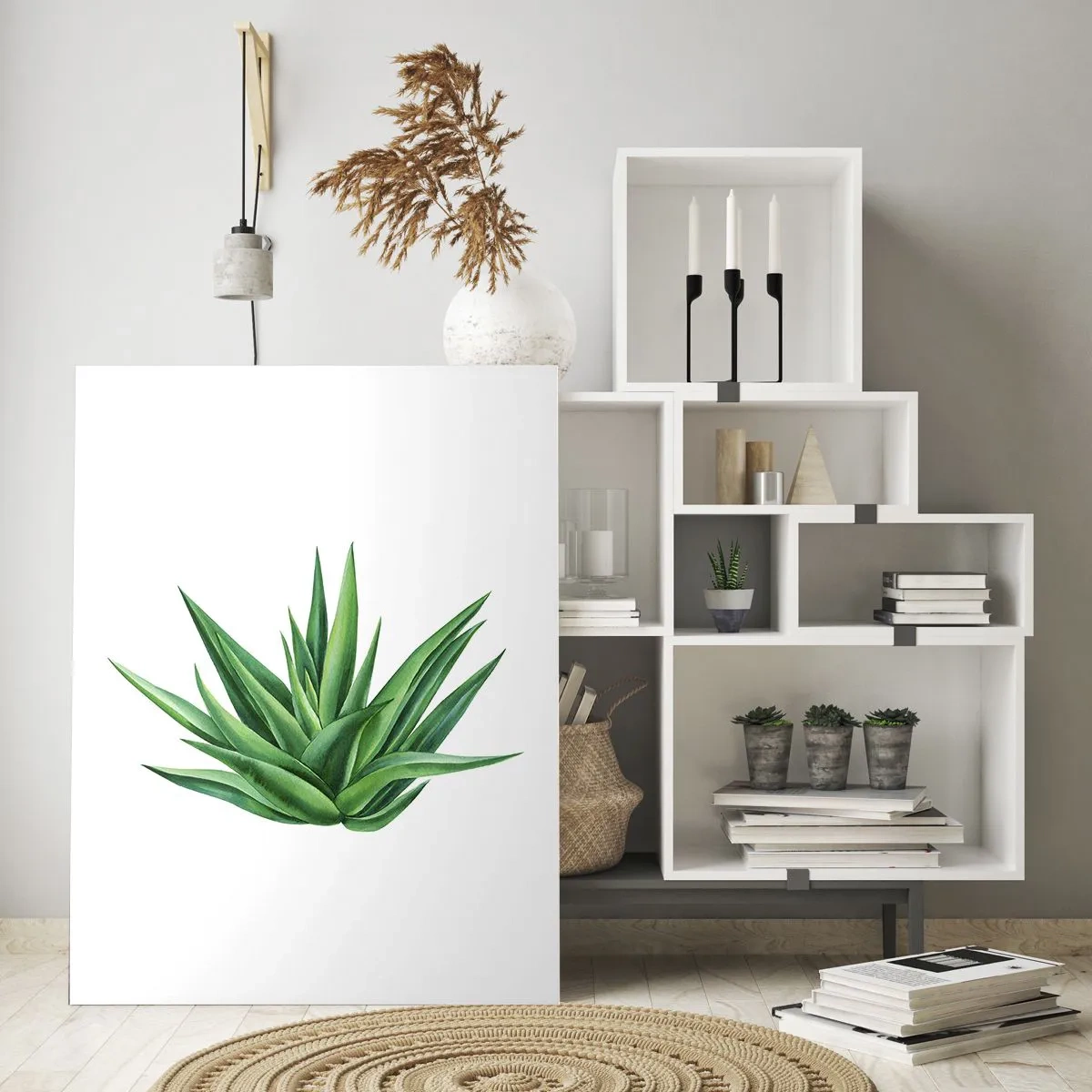 Impression sur verre - Image sur verre - Une plante verte juteuse sur fond blanc - 80x120cm - Vert – force – vie - Décoration murale moderne pour le salon et la chambre ARTTOR