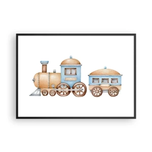 Affiche dans un cadre noir - Poster - Dessin d'un train aux tons pastel sur fond blanc - 100x70cm - Il est à la gare... - Décoration murale moderne pour le salon et la chambre ARTTOR