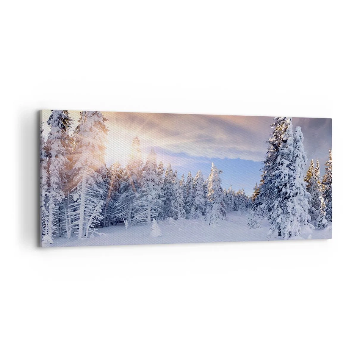 Impression sur toile - Image sur toile - Paysage d'hiver avec une forêt enneigée au coucher du soleil - 120x50cm - Un spectacle enneigé de la nature - Décoration murale moderne pour le salon et la chambre ARTTOR