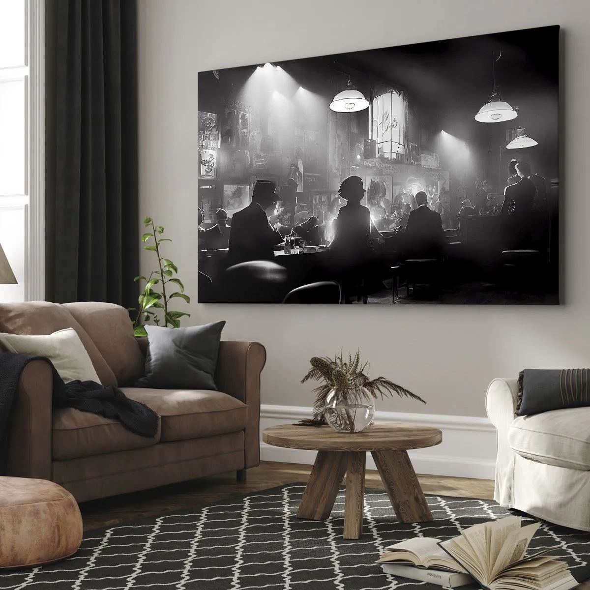 Impression sur toile - Image sur toile - Scène de boîte de nuit de jazz en noir et blanc - 100x70cm - Dans une ambiance jazz - Décoration murale moderne pour le salon et la chambre ARTTOR