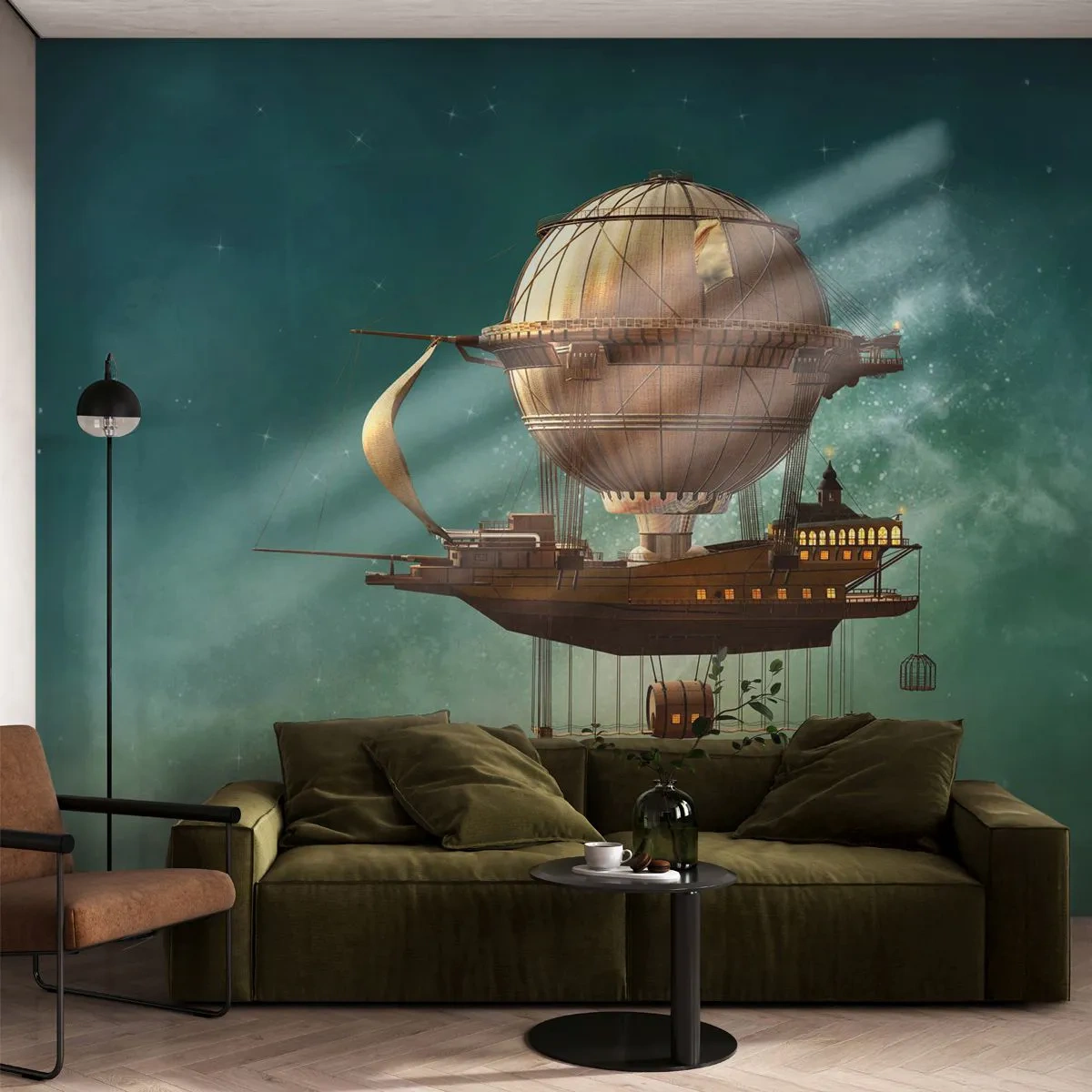 Papier Peint Photo Premium Sand - Un dirigeable fantastique flottant parmi les étoiles - 100x70cm - Jules Verne vous salue - Décoration murale moderne pour le salon et la chambre ARTTOR