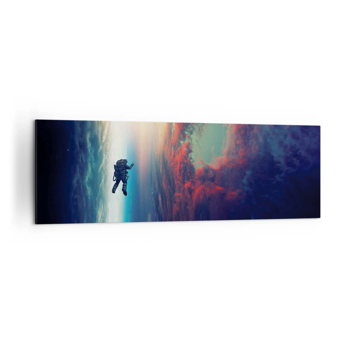 Impression sur toile - Image sur toile - Un astronaute flottant dans l'espace au-dessus d'une Terre colorée - 160x50cm - Affronter l'univers - Décoration murale moderne pour le salon et la chambre ARTTOR