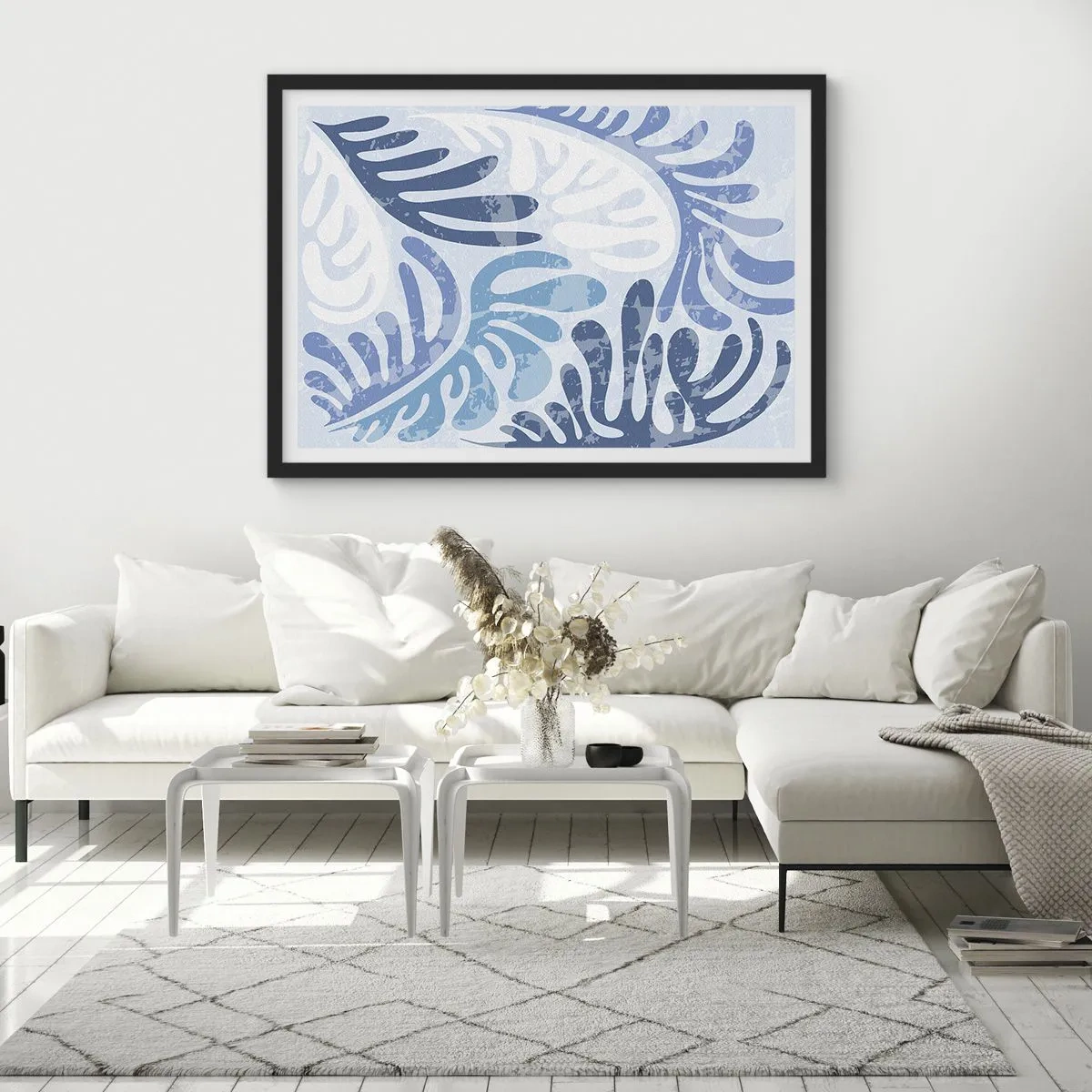 Affiche dans un cadre noir - Poster - Formes abstraites dans des tons de bleu sur fond blanc - 100x70cm - Fougères bleues - Décoration murale moderne pour le salon et la chambre ARTTOR