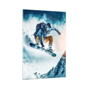 Impression sur verre - Image sur verre - Un snowboarder survole des montagnes enneigées - 80x120cm - Des émotions extrêmes - Décoration murale moderne pour le salon et la chambre ARTTOR