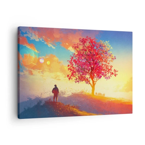 Impression sur toile - Image sur toile - Une silhouette sur une colline à côté d'un arbre coloré à la lumière du soleil couchant - 70x50cm - Pèlerin à destination - Décoration murale moderne pour le salon et la chambre ARTTOR