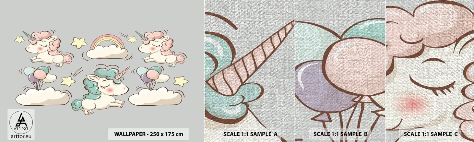 Échantillon de Papier Peint Premium Canvas - Ils existe, c'est sûr… - Pour les enfants, Licorne, Conte de fées - 100x30 cm