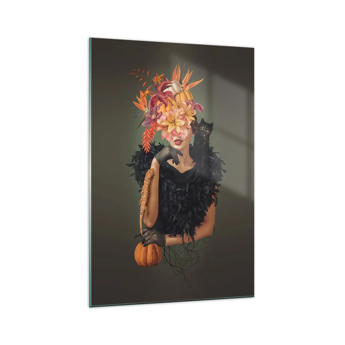 Impression sur verre - Image sur verre - Portrait d'une femme aux motifs d'automne et un chat - 70x100cm - Sort de sorcière - Décoration murale moderne pour le salon et la chambre ARTTOR