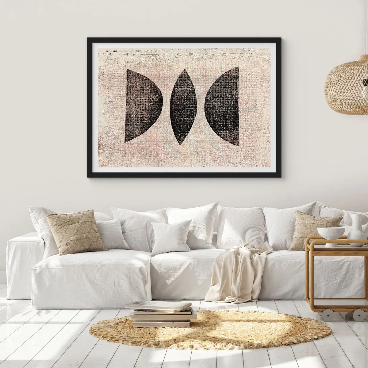 Affiche dans un cadre noir - Poster - Formes ethniques aux tons sombres sur fond clair - 70x50cm - Abstraction ethnique - Décoration murale moderne pour le salon et la chambre ARTTOR