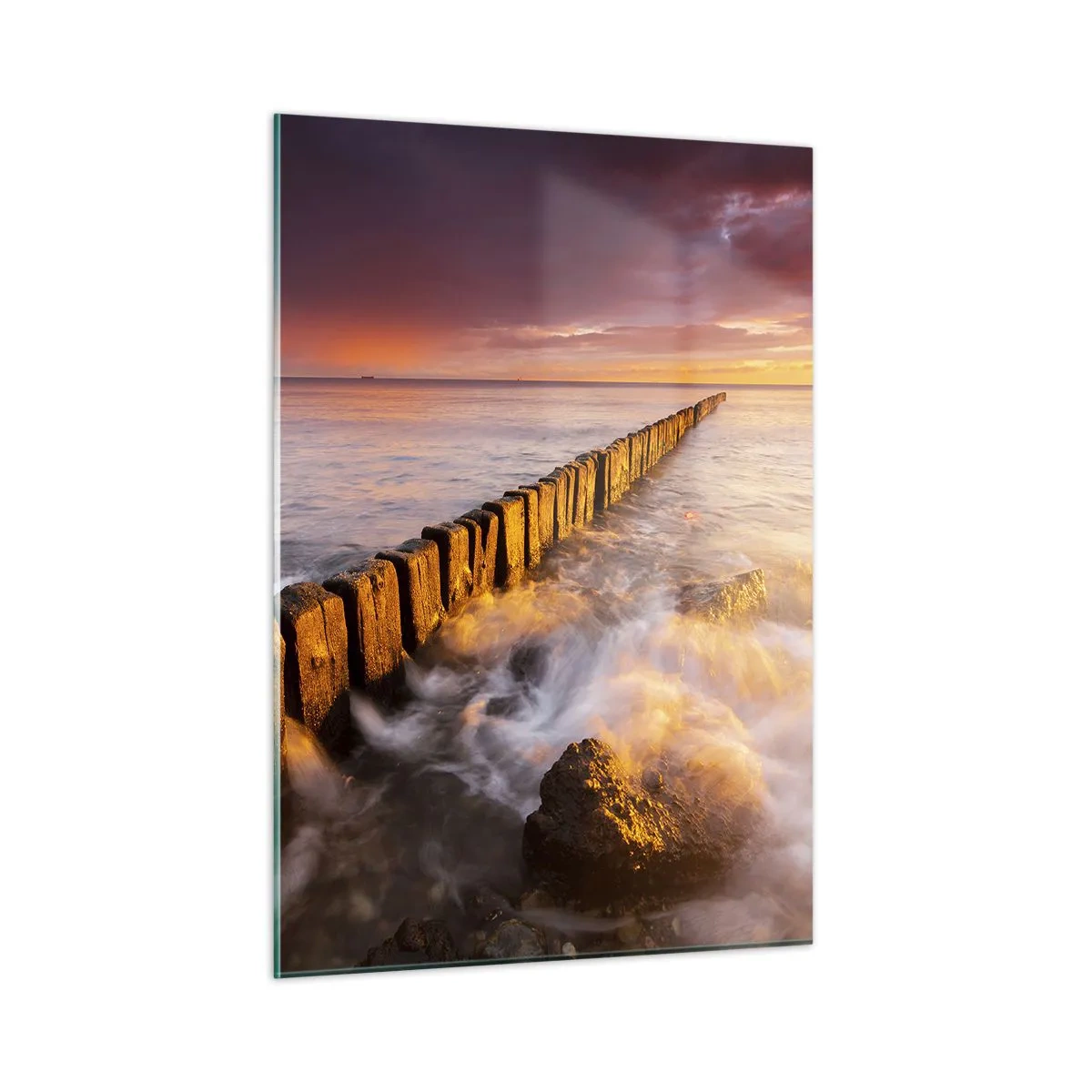 Impression sur verre - Image sur verre - Coucher de soleil sur la mer avec un brise-lames en bois - 50x70cm - La douceur des vagues - Décoration murale moderne pour le salon et la chambre ARTTOR
