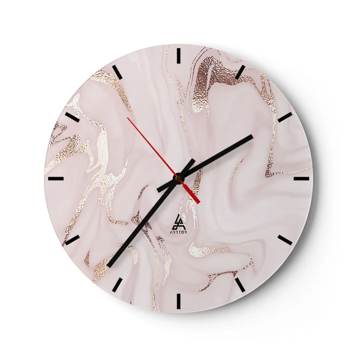 Horloge murale - Pendule murale - Fond en marbre rose clair avec des veines dorées étincelantes - 30x30cm - Dans un châle rose - Décoration murale moderne pour le salon, la cuisine et la chambre ARTTOR