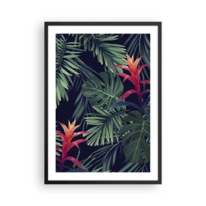 Affiche dans un cadre noir - Poster - Feuilles et fleurs tropicales sur fond sombre - 50x70cm - immergé dans la nature - Décoration murale moderne pour le salon et la chambre ARTTOR
