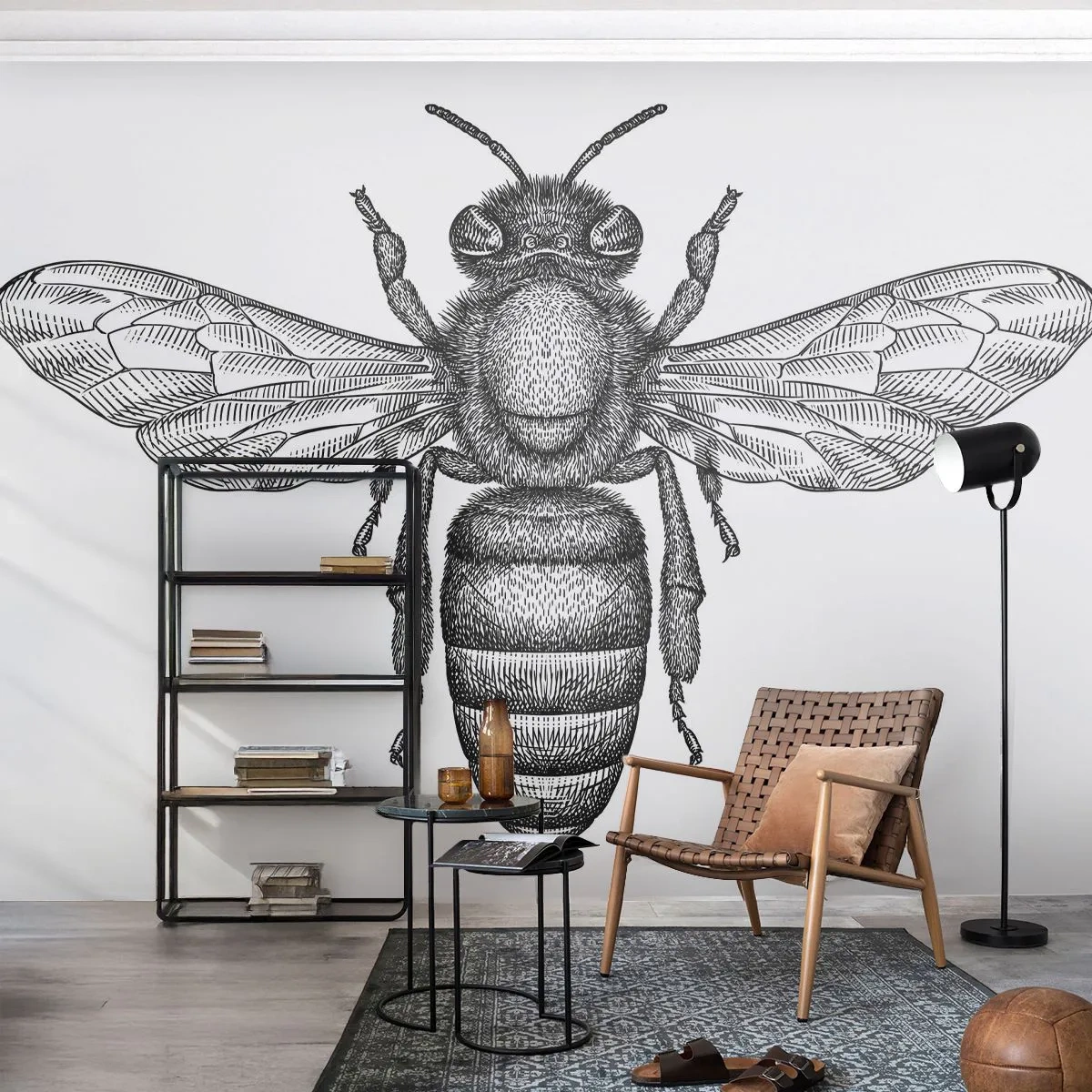 Papier Peint Photo Premium Sand - Portrait de dessin animé de style rétro d'une abeille sur fond blanc - 100x70cm - Portrait d'insecte - Décoration murale moderne pour le salon et la chambre ARTTOR