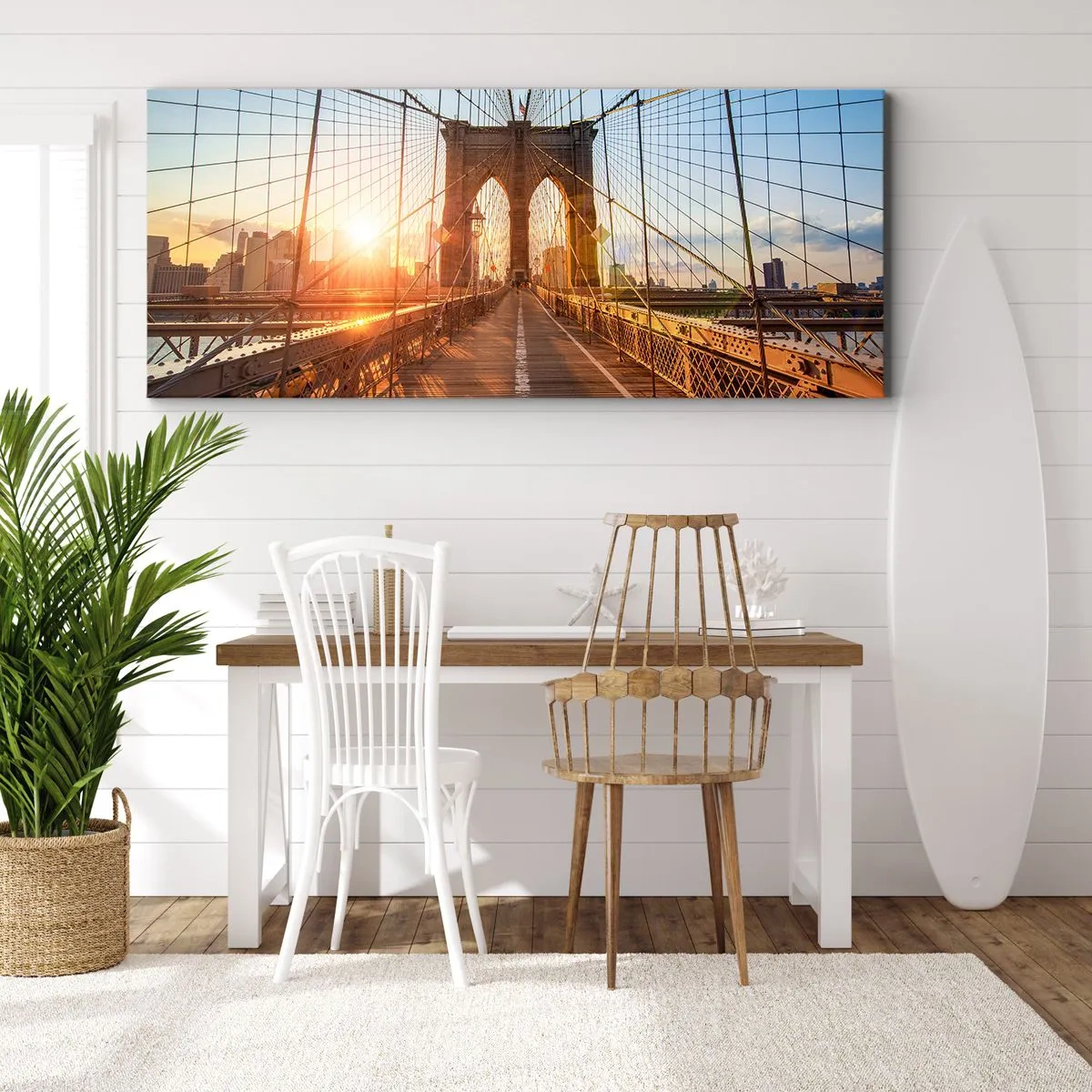Impression sur toile - Image sur toile - Le pont à la lumière du soleil couchant avec vue sur la ville - 120x50cm - Sur le pont d'or - Décoration murale moderne pour le salon et la chambre ARTTOR