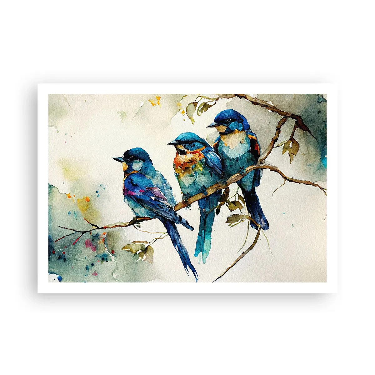 Affiche - Poster - Trois oiseaux colorés sur une branche dans un style aquarelle - 100x70cm - A-t-il été offensé ? - Décoration murale moderne pour le salon et la chambre ARTTOR