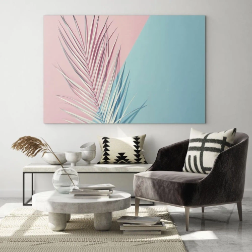Impression sur verre - Image sur verre - Une feuille de palmier sur un fond pastel dans une composition géométrique - 70x50cm - Impression tropicale - Décoration murale moderne pour le salon et la chambre ARTTOR