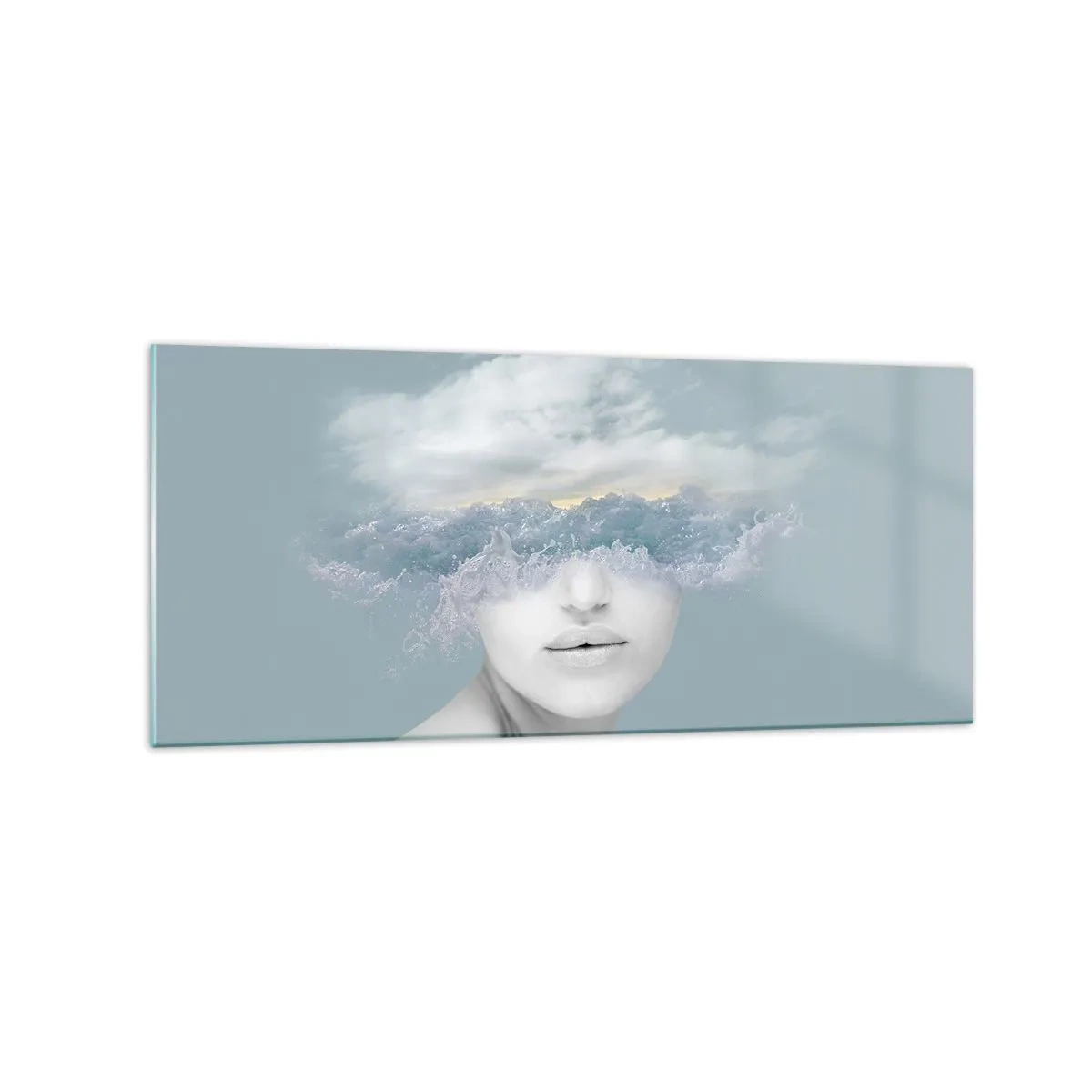 Impression sur verre - Image sur verre - Portrait d'une femme avec son visage caché derrière les nuages et les vagues - 120x50cm - La tête dans les nuages - Décoration murale moderne pour le salon et la chambre ARTTOR