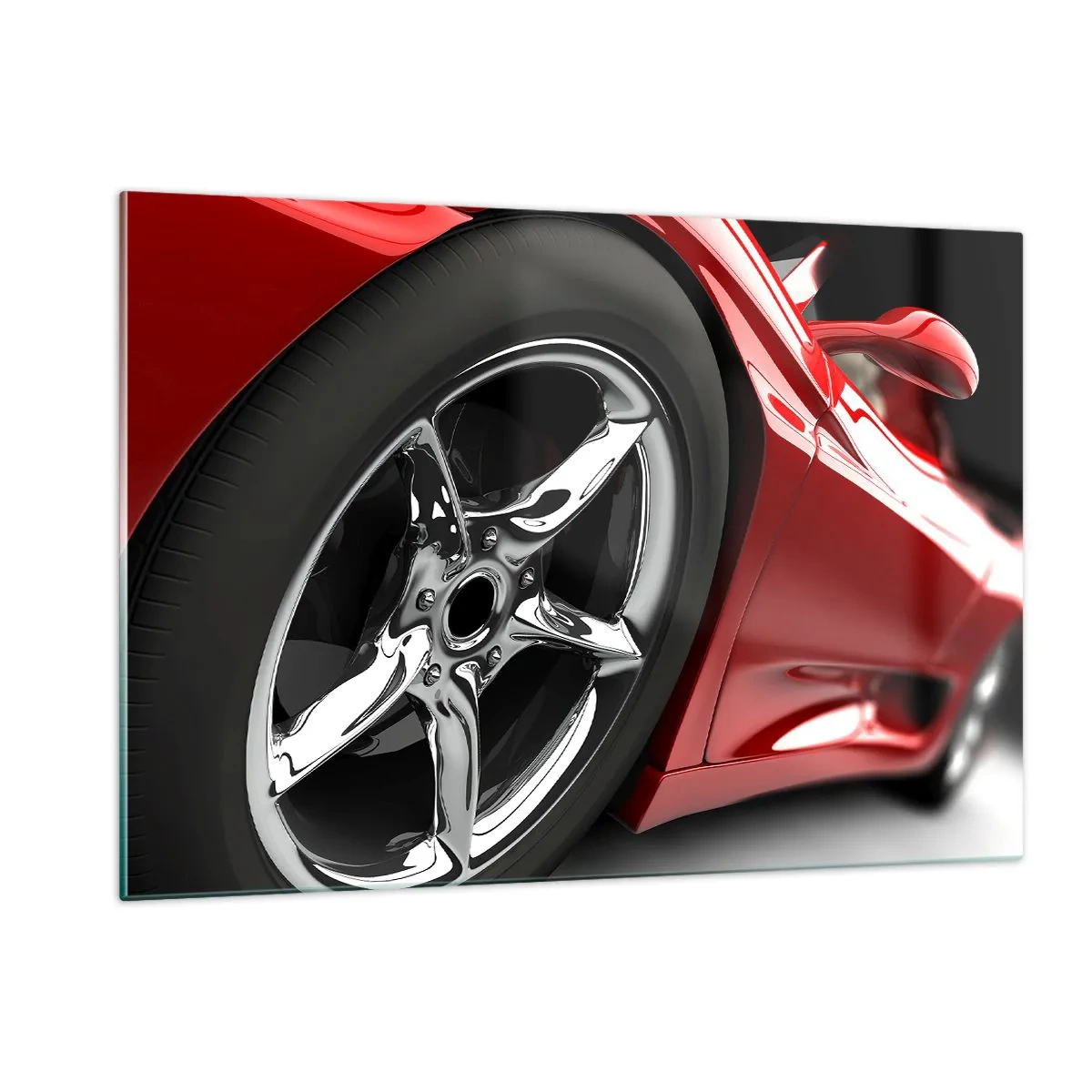 Impression sur verre - Image sur verre - Détail d'une voiture de sport rouge avec une jante chromée - 120x80cm - Conçu pour la vitesse - Décoration murale moderne pour le salon et la chambre ARTTOR