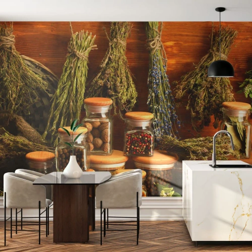 Papier Peint Photo Premium Canvas - Herbes et épices en pots sur fond rustique - 100x70cm - Sortilèges de cuisine - Décoration murale moderne pour le salon et la chambre ARTTOR
